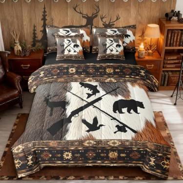 Imagem de Erosebridal Conjunto de edredom Queen rústico com lençol | Conjunto de cama de 7 peças com estampa de couro bovino urso, veado, peixe, pato, campo, caça, pesca, campo, cabana