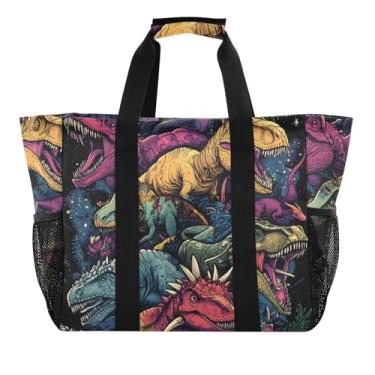 Imagem de ODAWA Sacola durável impermeável com design de dinossauros à prova de areia para academia, sacola de compras de lona para mulheres, Design de dinossauros, One Size