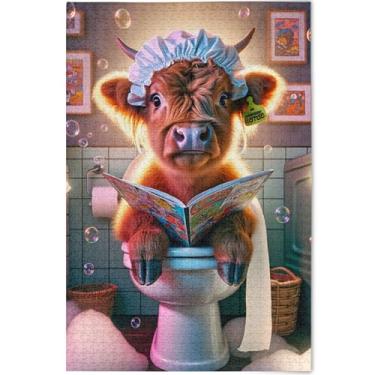 Imagem de Highland Cow Engraçado Gado Quebra-cabeça personalizado para adultos 1000 peças presentes de elefante branco Engraçado Cool Prime Puzzles Decoração de casa, 75 cm x 50 cm