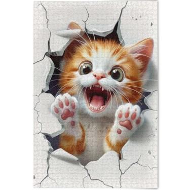 Imagem de Quebra-cabeça engraçado gato através da parede 1000 peças adultos arte animal impressão família diversão quebra-cabeças personalizados família elefantes brancos, presentes, 75 x 50 cm