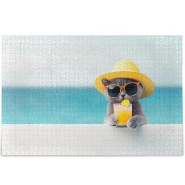 Imagem de Quebra-cabeça de gato fofo verão praia 500 peças para adultos diversão boba divertida família quebra-cabeça personalizado animal impressão arte decoração, 52 cm x 37,8 cm