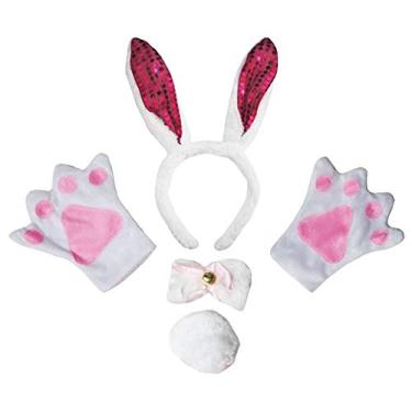 Imagem de Petitebella Tiara de coelho com orelhas de borboleta, luvas de cauda, 4 peças, fantasia 1-10 anos (branco/rosa choque, 5-10 anos)