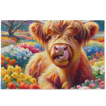 Imagem de Quebra-cabeça Highland vaca bezerro bonito primavera 500 peças para adultos elefante branco personalizado natureza quebra-cabeça animal impressão obra de arte, 52 cm x 37,8 cm
