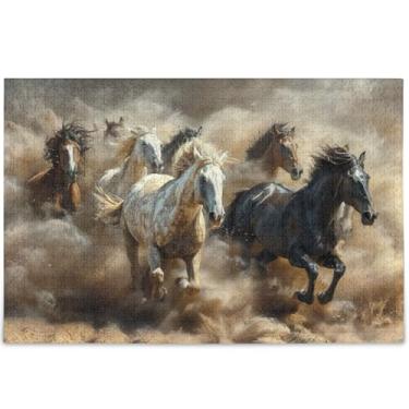 Imagem de Cavalos selvagens galopando pintura adultos quebra-cabeça 500 peças jogo de quebra-cabeça presentes tecnológicos divertidos para adultos personalizado arte animal flor, 52 cm x 37,8 cm