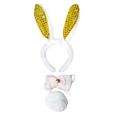 Imagem de Petitebella Tiara de orelha de coelho, gravata borboleta, 3 peças (branco/amarelo, lantejoulas, tamanho único)