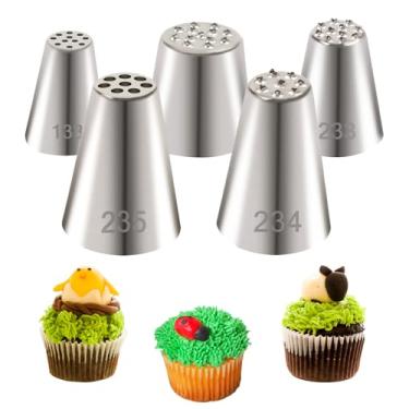 Imagem de LLMSIX 5 pontas de tubulação de grama, ponta de cobertura de grama de aço inoxidável, conjunto de pontas de decoração de bolo para decoração de cupcakes de cobertura DIY suprimentos de panificação