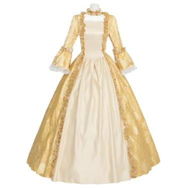 Imagem de Vestido feminino do século 18 Rococó Renascentista Floral Jacquard Longo Vestido Vitoriano Gótico Fantasia de Festa de Baile de Máscaras (Dourado, GG)