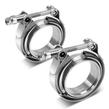Imagem de DNA MOTORING 2 peças de braçadeira de banda V de aço inoxidável revestido de zinco de 6,3 cm com flange de alumínio macho fêmea para turbo, canos, sistemas de escape, VCF-25-T2-2P