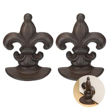 Imagem de Otoolling 2 peças de batente de porta de ferro fundido flor de lis marrom antigo vintage rústico decorativo batente de porta de piso resistente para escritório, casa, quarto