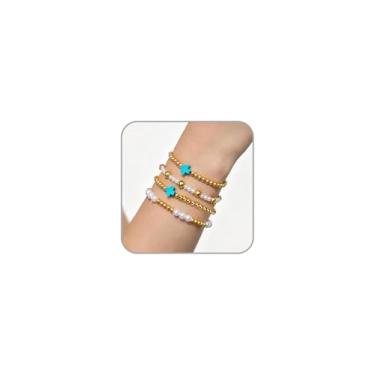 Imagem de BOOZIQ Pulseiras de contas de ouro para mulheres, pulseiras de cruz empilháveis, pulseira elástica com contas de pérolas douradas, boêmio, bijuterias, acessórios de fantasia, joias modernas, presente