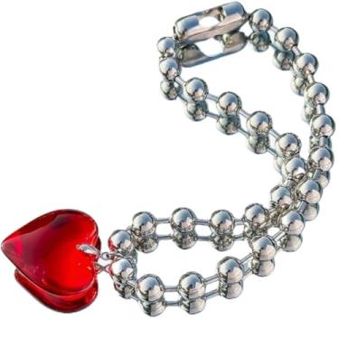 Imagem de BEAUTYMEHNDI STORE Colar com pingente de vidro de coração vermelho – Gargantilha de corrente de prata grossa, acessórios Y2K, joias góticas para mulheres, colar de coração grande, presente moderno