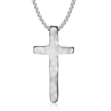 Imagem de MUSECLOUD Colar de corrente de cruz de prata para homens: Colares com pingente de cruzes de aço inoxidável 316L martelado com correntes de caixa joias de Natal cristãs forjadas à mão para homens e