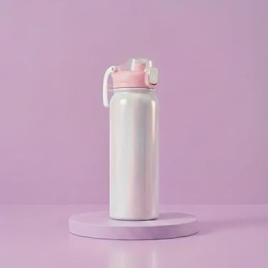 Imagem de Garrafa Térmica 550ml com Efeito Holográfico e Dupla Saída de Água | Canudo Retátil e Bico, Tampa Antivazamento e Alça