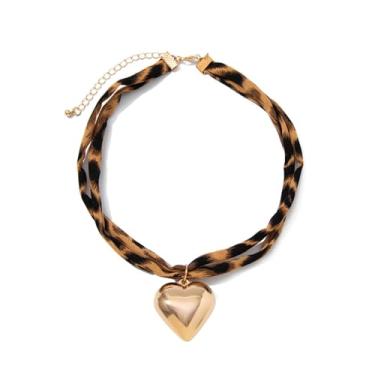 Imagem de JRAIYBZ Colar de cachecol com pingente, gargantilha de tecido com estampa de leopardo boho com pingente de coração dourado, colares de leopardo com pingente de coração vintage, joias de praia modernas