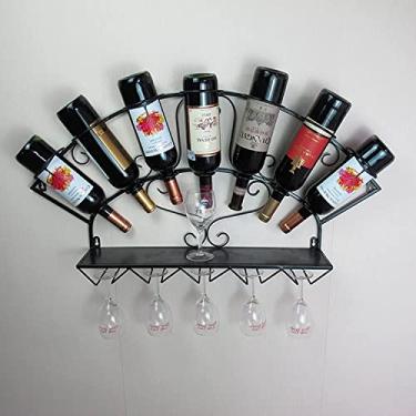 Imagem de Rack de metal para garrafa de vinho com suporte de vidro montado na parede, prateleira de armazenamento de vinhos, prateleira de vinho, taças suspensas, prateleira de vinho flutuante para casa, bar