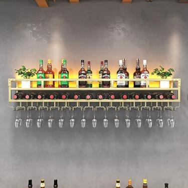 Imagem de Prateleiras de vinho montadas na parede com luz LED, suporte de exibição flutuante de unidade de bar, suporte de armazenamento de garrafa de ferro multifuncional, rack de vinho para armário, rack de