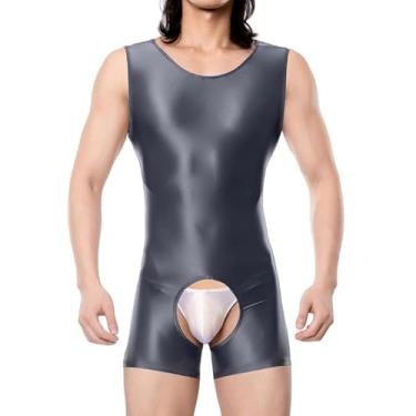 Imagem de SEAUR Body masculino brilhante Unitard sem mangas brilhante roupa íntima cosplay fantasia macacão roupa de boate, Cinza, GG