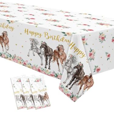 Imagem de FVABO Toalha de mesa de festa de aniversário de cavalo rosa para meninas, 3 peças descartáveis, artigos de capa de mesa de festa de rodeio ocidental, 139,7 x 218,4 cm