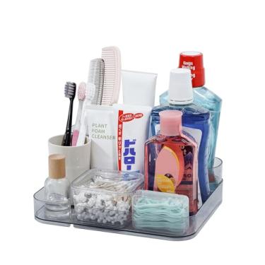 Imagem de FABROK Organizador de banheiro com suporte de escova de dentes, bandejas de bancada de plástico para pasta de dente, enxaguante bucal, estojo de exibição de cosméticos para maquiagem e perfume (preto