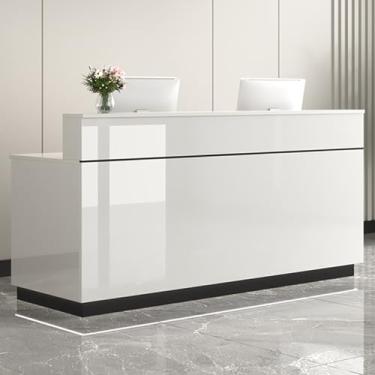 Imagem de Mesa de recepção moderna com ilhós de cabo, luz LED e gavetas com trava - perfeita para escritórios (branco/preto, 60 x 45 cm)