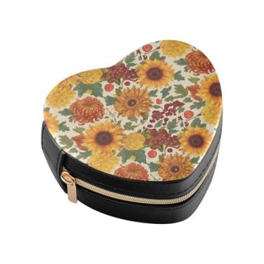 Imagem de Burbuja Caixa de joias em forma de coração de crisântemo de girassóis mini estojo de joias de viagem para mulheres e meninas, estojo portátil organizador de armazenamento para brincos, anéis, colares