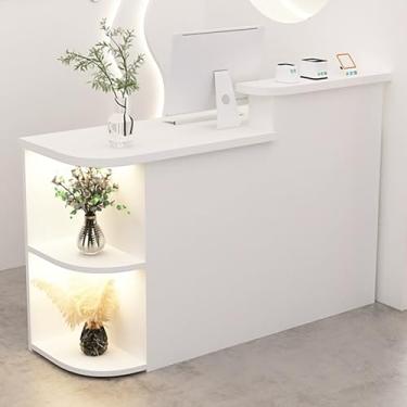 Imagem de Mesa de recepção moderna com prateleira de armazenamento de canto e gaveta com trava, balcão de caixa de varejo para negócios, mesa de recepção de recepção para escritório, balcão frontal branco (140