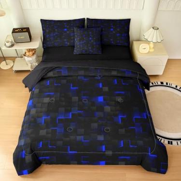 Imagem de Yadangxiawa Jogo de cama solteiro com geometria azul, 6 peças, para adolescentes, 1 colcha + 1 lençol de cima + 1 lençol com elástico + 2 fronhas + 1 capa de almofada (solteiro geométrico)