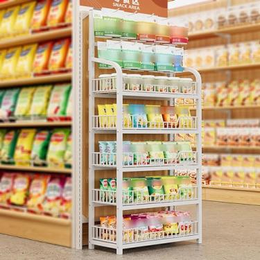Imagem de Prateleiras de exibição de varejo para lanche doce/batata frita, prateleira de armazenamento de arame de farmácia de supermercado, prateleiras comerciais altas com gancho (cor: 5 camadas branco