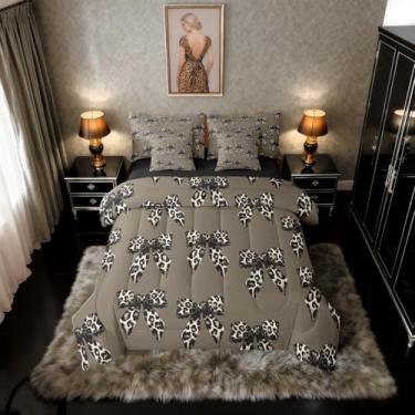 Imagem de Erosebridal Conjunto de cama de casal com estampa de leopardo, laço de coquete, 7 peças, para mulheres jovens, moderno, chique, conjunto de edredom com lençóis, laços estéticos de guepardo