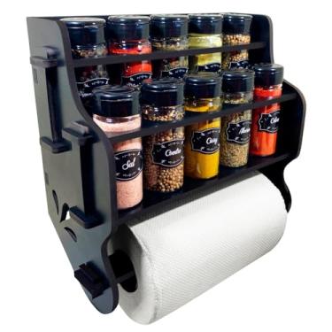 Imagem de Porta Temperos/Condimentos MDF kit 10 potes c/Tampa Dosadora + Suporte papel toalha + Adesivos