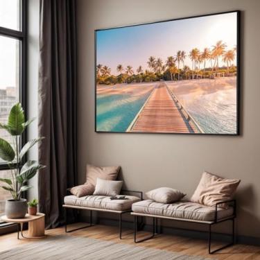 Imagem de Quadro Decorativo com Moldura Paisagem Praia com Pier 90x60 Horizontal para Sala Quarto e Hall