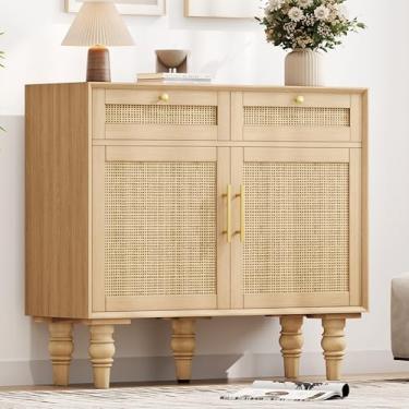 Imagem de Aparador de vime de 90 cm com armazenamento, mesa de buffet de meados do século com prateleira ajustável e 2 gavetas, armário de armazenamento com pernas de madeira maciça para cozinha, sala de jantar