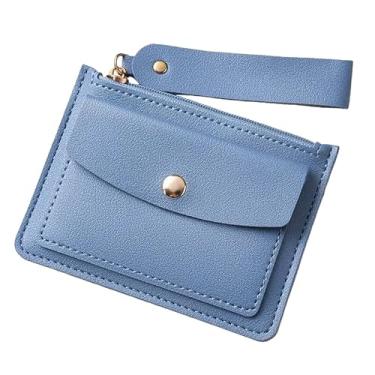 Imagem de Bolsa feminina fina com bolso oculto - 4 compartimentos para cartão e zíper, carteira de poliuretano ultrafina de 0,3 cm, 60 g, 11,3 x 8,3 cm (preto, amarelo, verde, rosa, azul, roxo, café), Azul