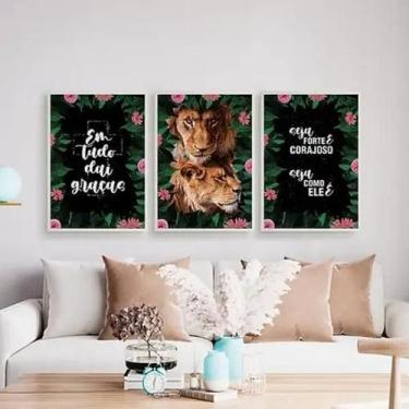 Imagem de Kit Quadros Leão E Leoa Frases Religiosas 33X24Cm 3 Peças - Quadros On