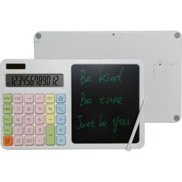 Imagem de Calculadora básica de mesa com botões grandes e energia dupla solar e bateria, tela de 12 dígitos, bloco de escrita LCD apagável de 19 cm para uso em escritório e casa, branco