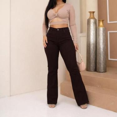 Imagem de Calça Flare Feminina jeans nas cores bege/caqui super confortável que 