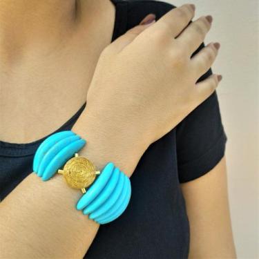 Imagem de Pulseira Retangular Semijoia Banho De Ouro 18k Turquesa e Capim Dourad