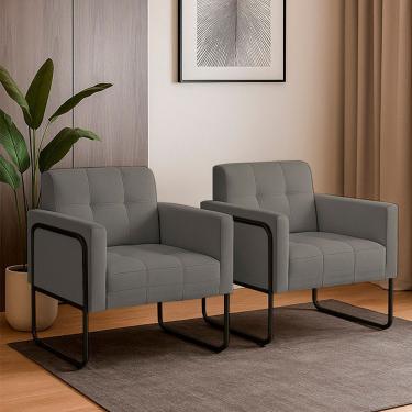 Imagem de Poltrona Elisa Linho D03 Sala Industrial Alta Tecido Linho Grafite Kit 2 D'Rossi