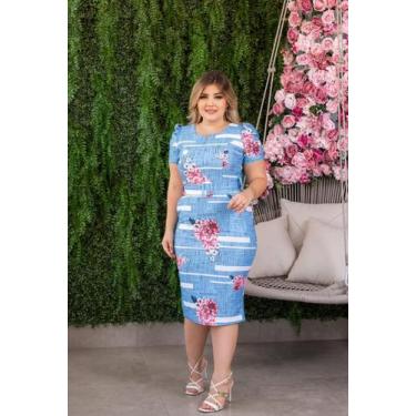 Imagem de vestido midi tubinho estampado acompanha cinto. - Bia Modas, Azul bebe