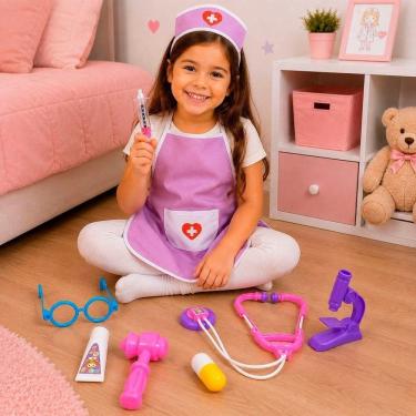 Imagem de Kit Brinquedo Infantil Médica Doutora 9 Acessórios com Avental Rosa