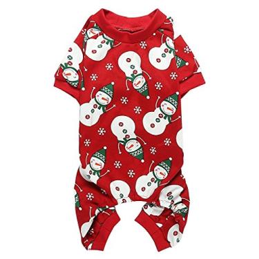 Imagem de Lanyarco Lindo pijama de Natal com boneco de neve, pijama de Natal de algodão macio para cães, roupas para animais de estimação, macacão vermelho, comprimento médio das costas 40,6 cm
