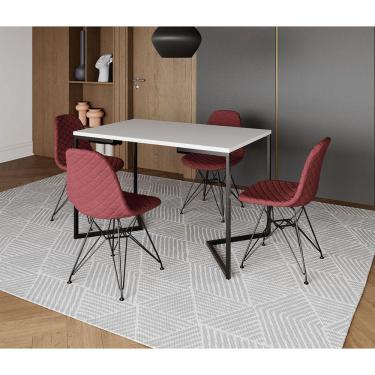 Imagem de Mesa Jantar Industrial Retangular Branca 120x75 Base V com 4 Cadeiras Estofadas Vermelhas Aço Preto 