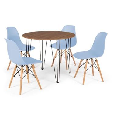 Imagem de Conjunto Mesa de Jantar Redonda Hairpin 90cm Natural com 4 Cadeiras Eames Eiffel - Azul Claro