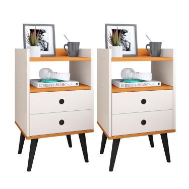 Imagem de Kit 2 Mesas de Cabeceira Mesinhas Decorativas Quarto Com Nicho e 2 Gavetas Retrô Dream Plus - Off White/Cinamomo - Lojas RPM 