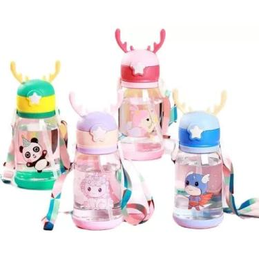 Imagem de Garrafa de Água Alce Squeeze Com Canudo Alça Para Crianças Kit Adesivo 3D Colorida Portátil Antivazamento 600ml