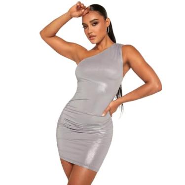 Imagem de Camisa Feminina One Shoulder Ruched Metallic Bodycon Dress (Color : Silver, Size : M)