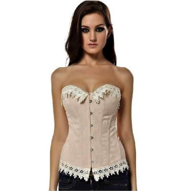 Imagem de Corpete Corset Corselet Redutor Modelador Cintura Renda Floral Creme M173