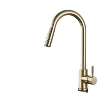 Imagem de Torneira de cozinha de níquel escovado flexível pull out bico misturador de pia de cozinha stream head deck preto torneiras de água quente e fria, ouro escovado D, 1
