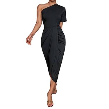 Imagem de Camisa Feminina One Shoulder Ruched Asymmetrical Neck Wrap Hem Dress (Color : Black, Size : CH)