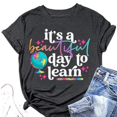 Imagem de Camiseta feminina It's a Beautiful Day for Learning Teacher Life Camiseta divertida de manga curta para professores, Cinza escuro 1, M